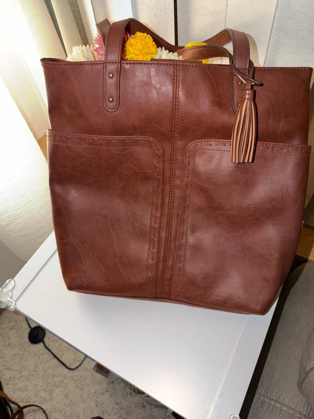Women's Brown Leather Tote Bag with Tassel